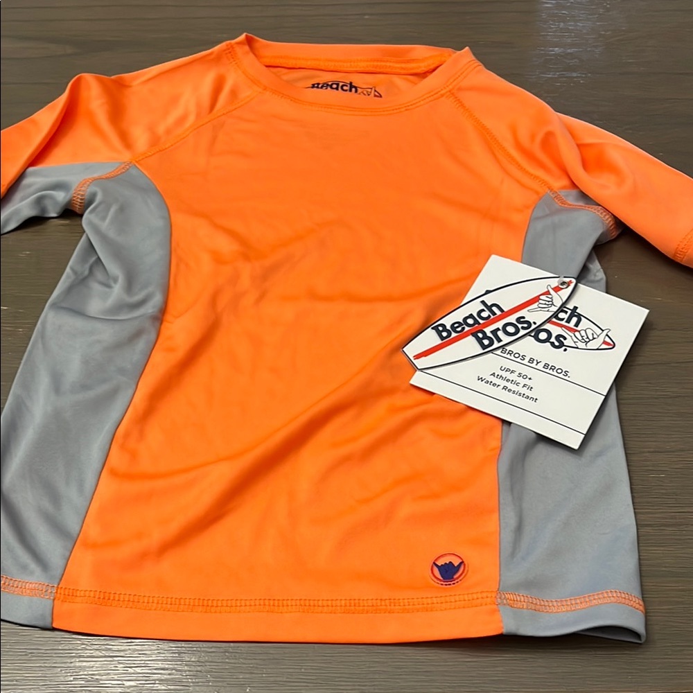 NWT! Beach Bros Kids Orange and Gray Swim Shirt. Size 5